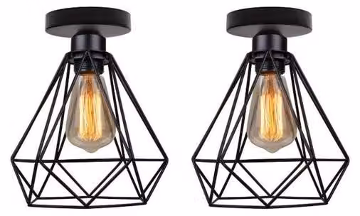 Set di due lampade in metallo dal design industriale, forma geometrica, attacco E27, colore nero, diametro 20 cm.