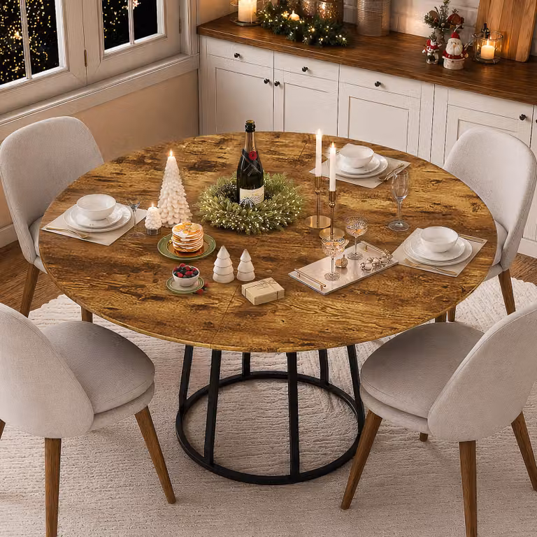 UnboxG Tavolo da pranzo rotondo da 120 cm – Tavolo da pranzo in stile industriale con ripiano, struttura in metallo robusta e piano resistente al calore, ideale per cucina, sala da pranzo e ufficio
