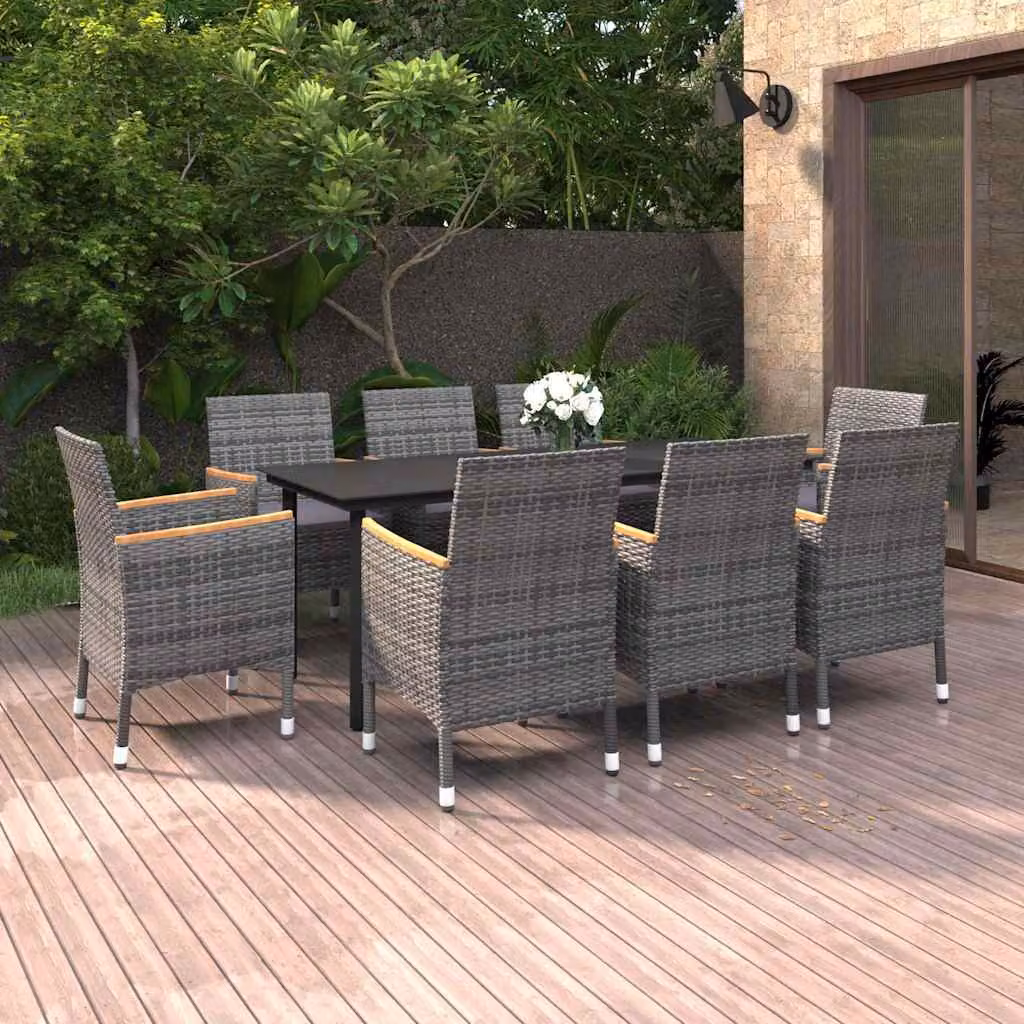 Set da pranzo da giardino vidaXL in polyrattan e vetro con cuscini, 9 pezzi, grigio e nero