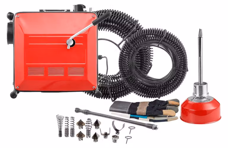 SucceBuy, macchina elettrica per la pulizia dei tubi, 850W, pulitore per scarichi con cavi a spirale di 14,5 metri x 16 mm, 14 metri x 22 mm e 5 metri x 9,5 mm, oltre a un cavo a spirale flessibile di 0,4 metri x 12 mm e 11 teste di taglio, adatta per tub