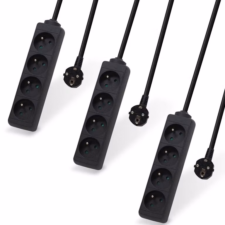 Set di 3 ciabatte multipresa, con 4 prese, 16 A, 3 metri di lunghezza, colore nero