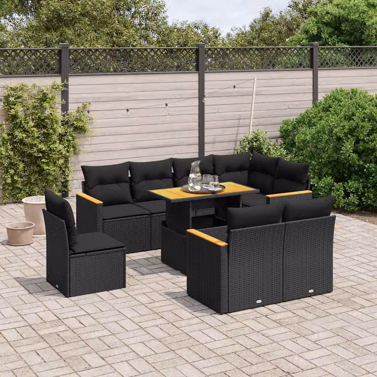 Set di divani da giardino vidaXL a forma di L composto da 9 pezzi con cuscini e tavolino da esterno in polyrattan nero e legno di acacia