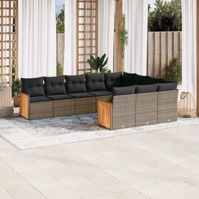Set Divano da Giardino 10 pz vidaXL in Polyrattan Grigio con Cuscini e Struttura in Metallo