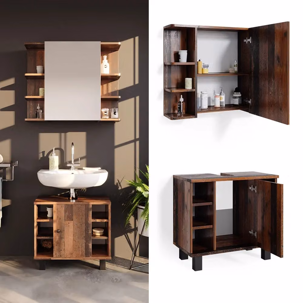 Set mobili bagno Vicco Fynn in rovere rustico marrone composto da 2 pezzi con mobile lavabo e pensile specchio – 2