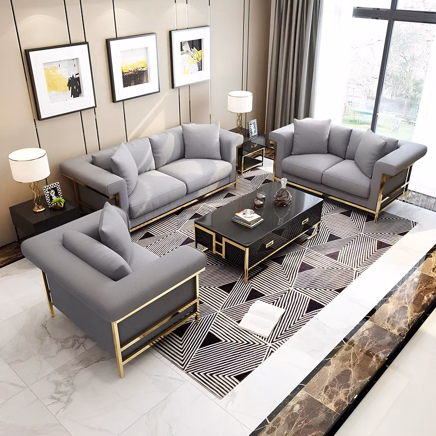 Sofa Polster Sitz Couch Garnitur Wohnzimmer Sofas Set 3tlg Hocker 3+1+1 Stoff