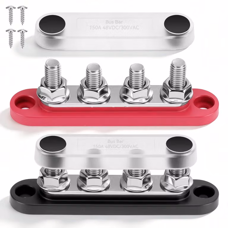 2 blocchi distributori per barre collettrici da 12V-48V DC, da 150A, con morsetti M8