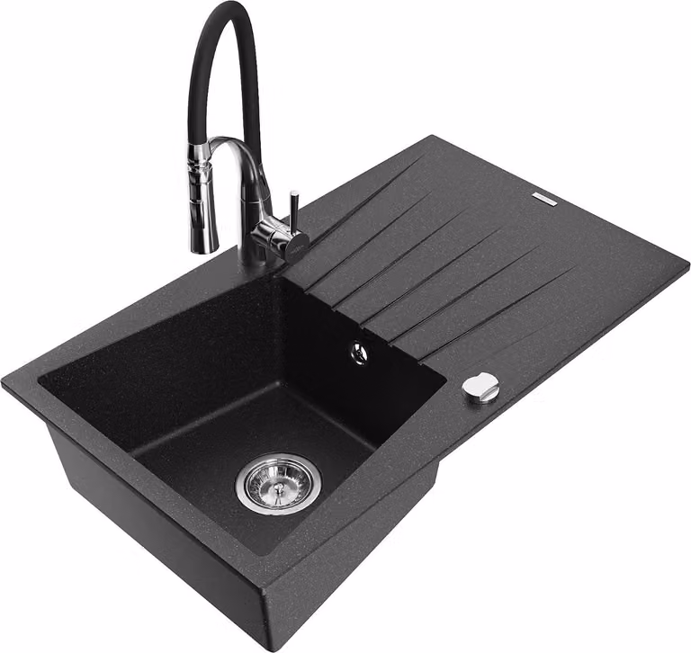 Mexen Cesar lavello in granito a 1 vasca con gocciolatoio e rubinetto da cucina Aster, nero/argento metallizzato