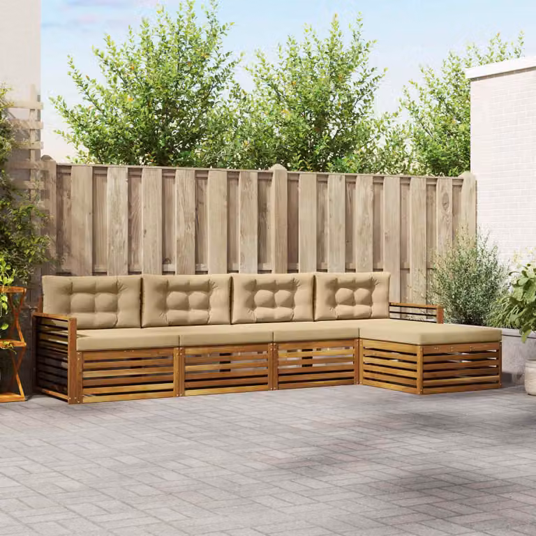 vidaXL Set di divani da esterno 5 pezzi in legno di acacia con cuscini, colore beige e marrone