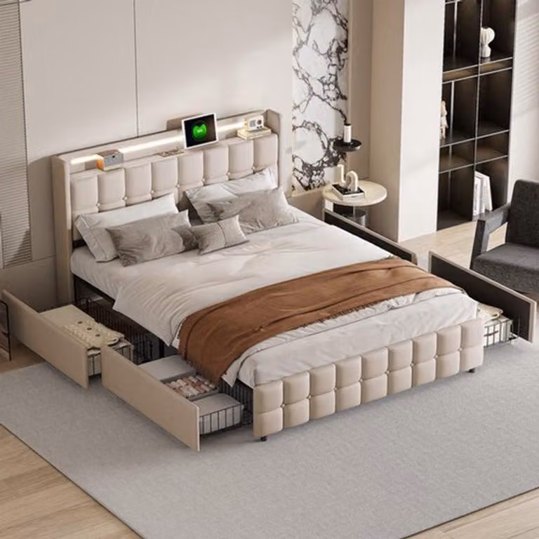 Letto matrimoniale con cassetti - 160x200 cm - Imbottitura doppia - Con illuminazione LED