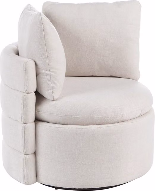 Poltrona in tessuto con schienale curvo base girevole a 360° con contenitore cuscini decorativi bianco sporco stile retrò angolo lettura
