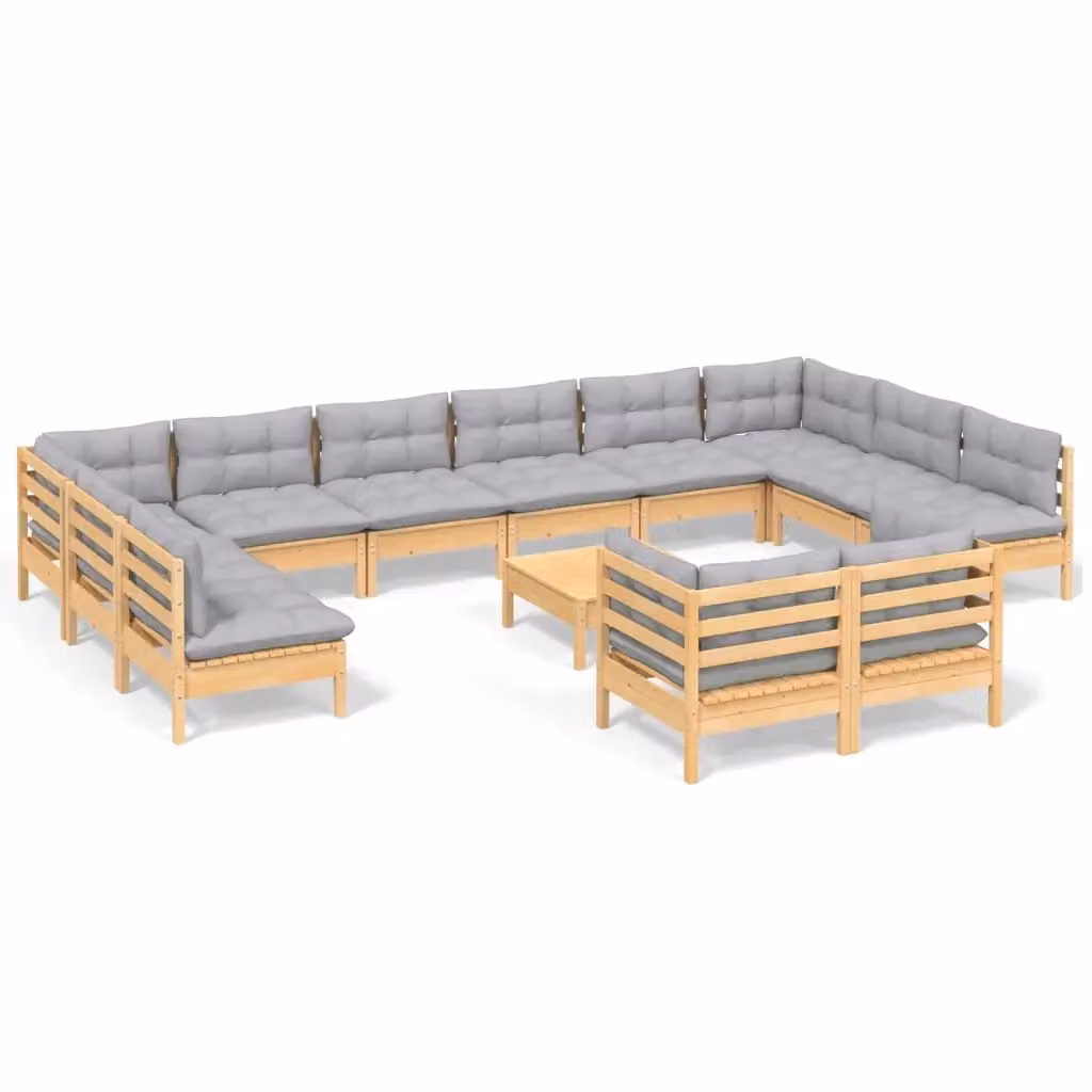 Set di Divani da Giardino vidaXL in Legno di Pino Massello con Cuscini Grigi, Design Moderno a Forma di U, 13 Pezzi – 2
