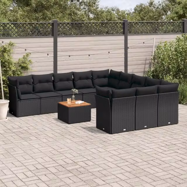 Set di divani da giardino VIDAXL in polyrattan nero con cuscini, 12 posti
