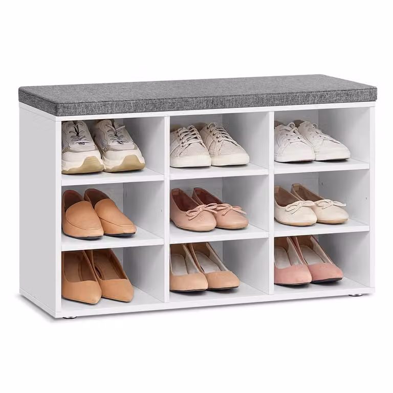 Panca Scarpiera con Seduta Imbottita e Scomparti Ingresso, Bianco Classico / 9 Scomparti (78,5L cm)
