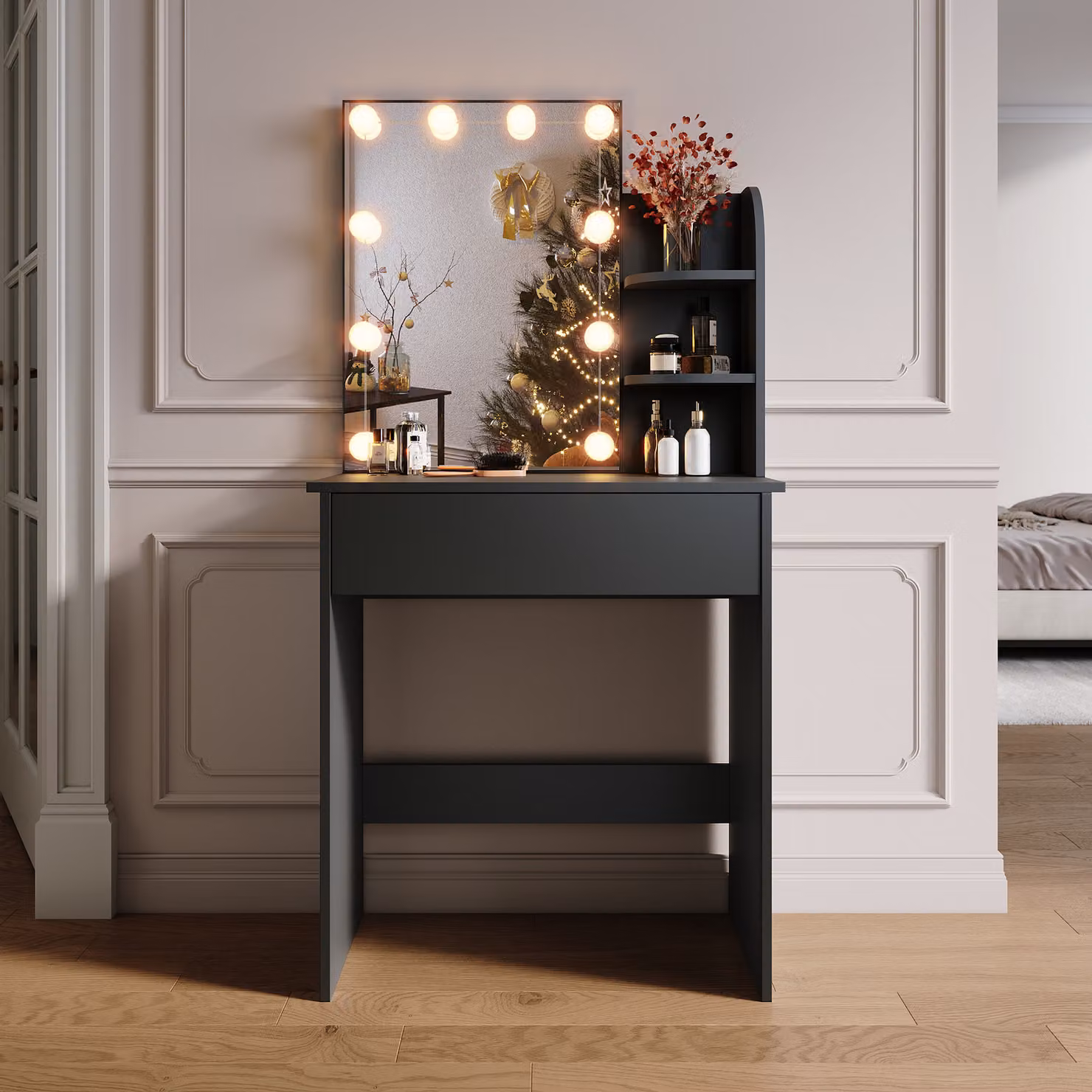 SONNI Cassettiera compatta nera con specchio a lampadina a tre colori, 70x40x140cm luminosità regolabile, cassettiere con cassettiera
