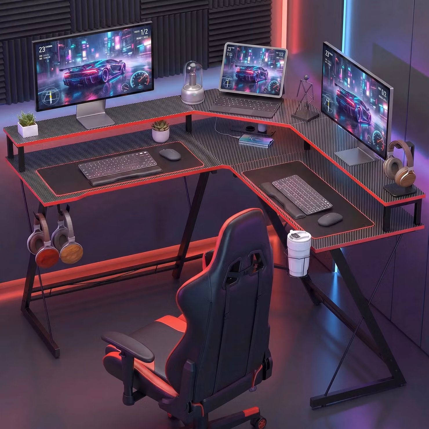 Scrivania Angolare Gaming HOMCOM in MDF Laminato Nero Carbonio con Prese di Corrente – 2