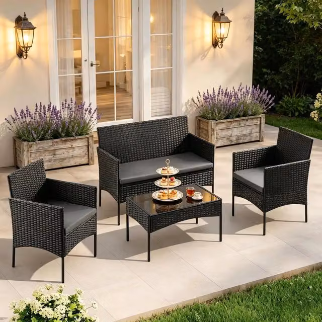 Set da giardino REDOM in polyrattan nero con divano a 2 posti, poltrone lounge, tavolino in vetro e cuscini imbottiti – 1