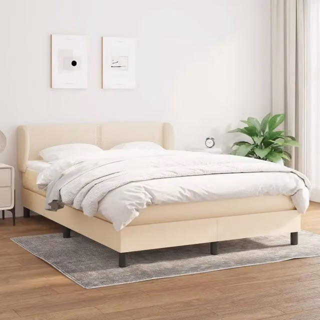 Letto Ibrido vidaXL con Giroletto a Molle e Materasso in Tessuto Beige e Bianco L/P: 140 x 200 cm – 1