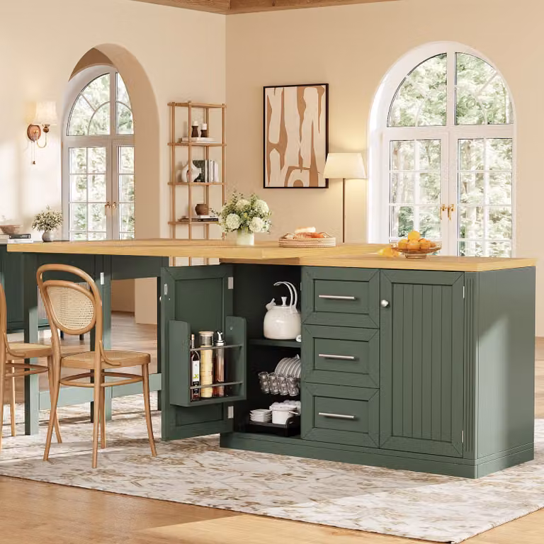 Isola multifunzionale per la cucina Flieks, con piano tavolo estendibile e rotante a 360°, tavolo da pranzo con ripiano snack integrato, chiusura magnetica, tavolo da cucina, colore verde