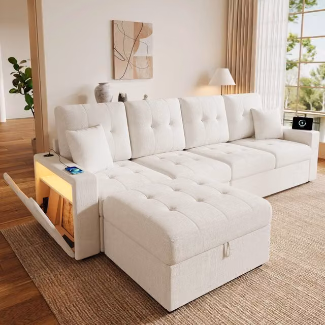 Divano 4 posti 253.0x144.5x80.7 cm con pouf contenitore in tessuto di lino beige