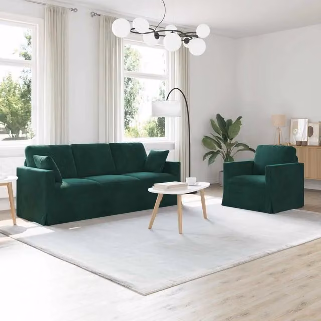 Set di 2 divani ad angolo vidaXL in velluto verde scuro con struttura in metallo e cuscini inclusi