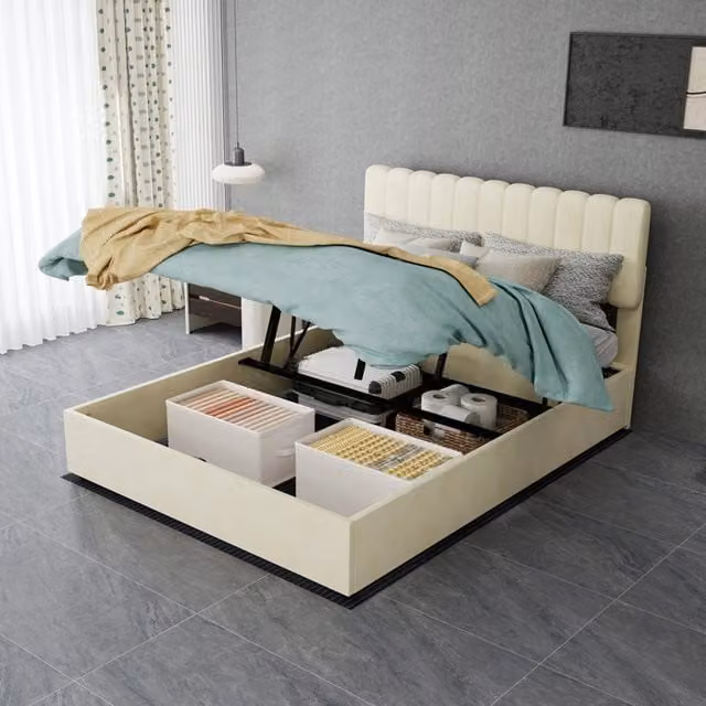 Letto matrimoniale imbottito 140x200 cm in tessuto beige con testiera alta e materasso incluso