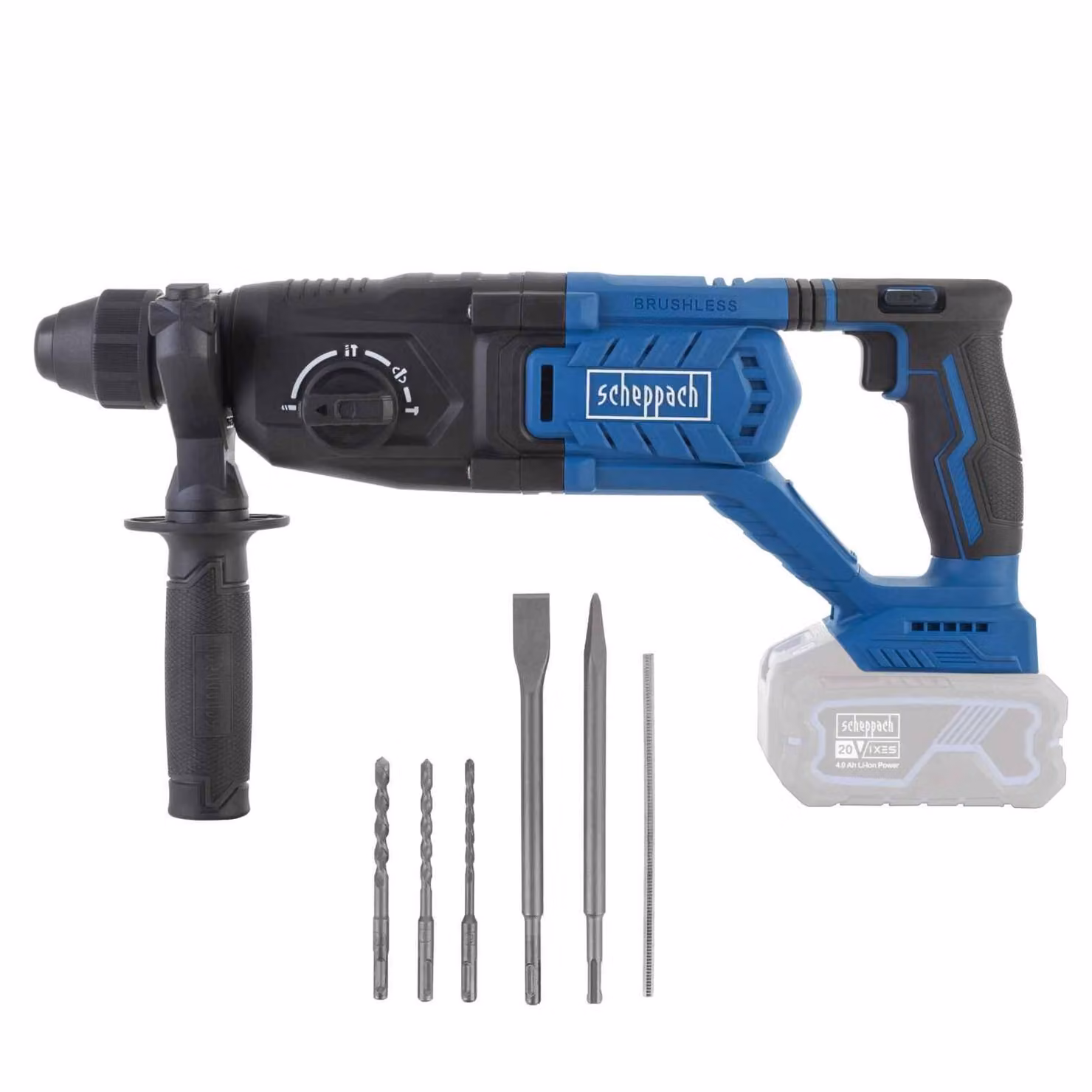Martello perforatore a batteria Scheppach BC-DH290-X - 20 V IXES | Energia di percussione 2,8 J | fino a 4500 colpi/min | SDS-Plus | Impugnatura aggiuntiva a 360° | Funzione anti-contraccolpo | Impugnatura morbida