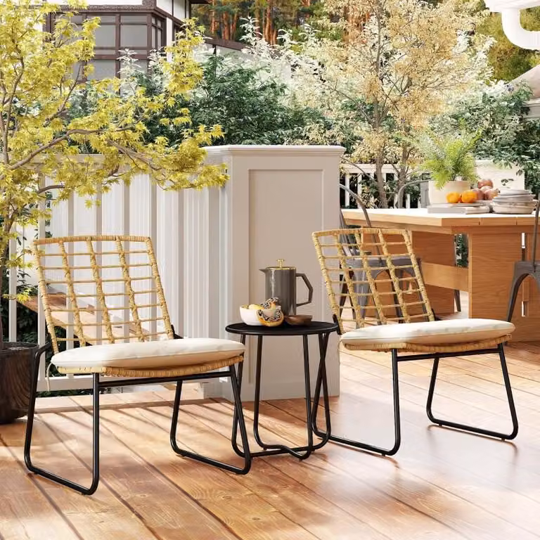okwish Outsunny set di mobili da giardino in polyrattan set di mobili da balcone gruppo salotto con due sedie impilabili e un tavolo per pausa caffè, beige+marrone
