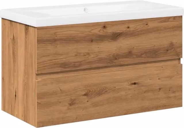Pratico mobile lavabo con portaoggetti a parete 80 x 38,5 x 45 cm in legno multistrato rovere artigianale 02_0055849