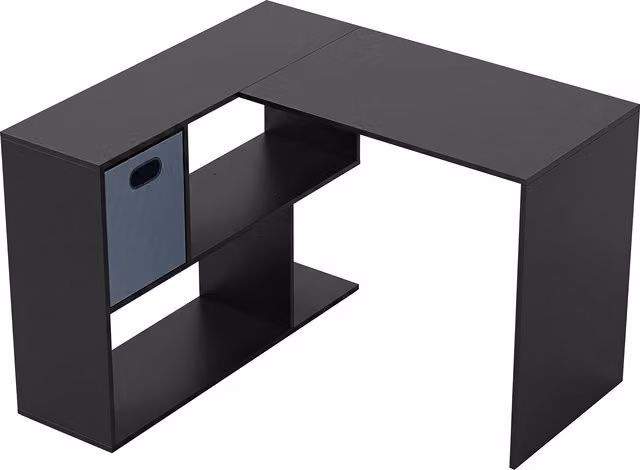 Scrivania Angolare Moderna HOMCOM con Scaffale e Cassetto in Tessuto, Nero, L 110 x P 100 x H 75 cm – 1