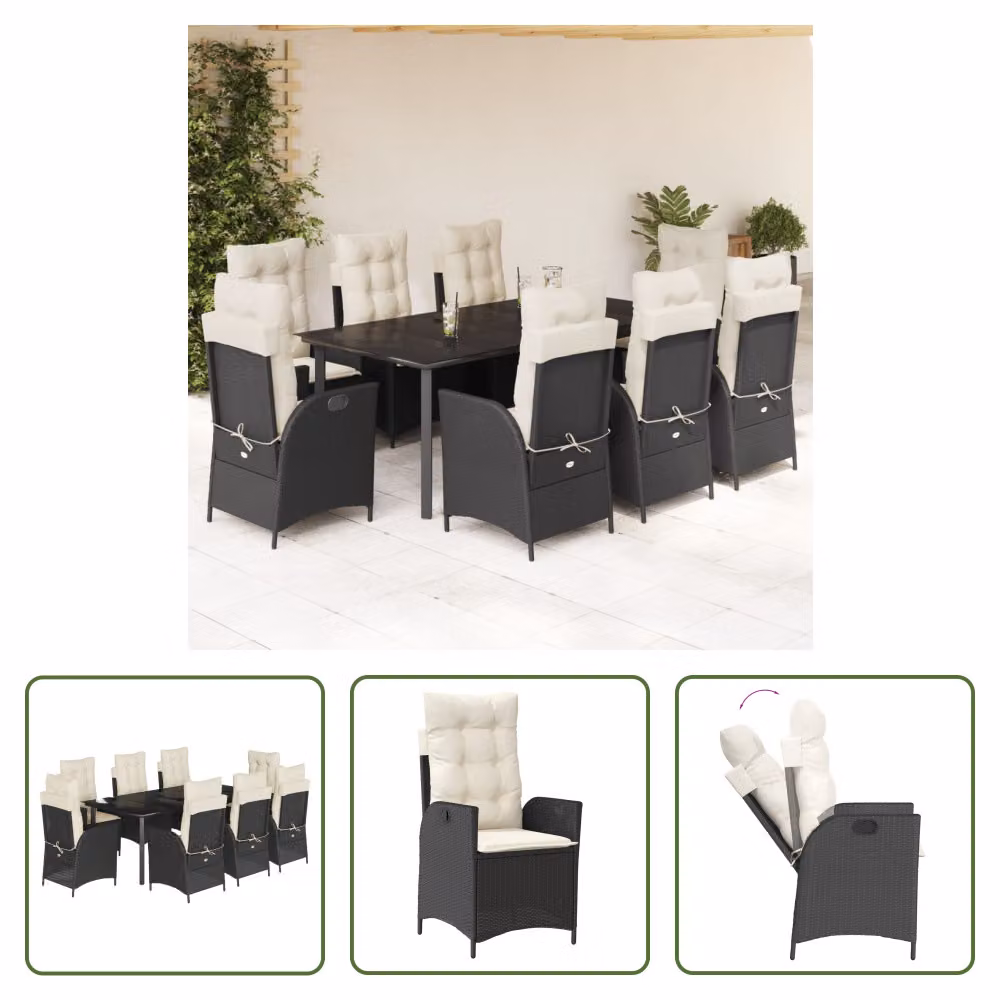 The Living Store Set da pranzo da giardino 9 pezzi con cuscini in polirattan nero
