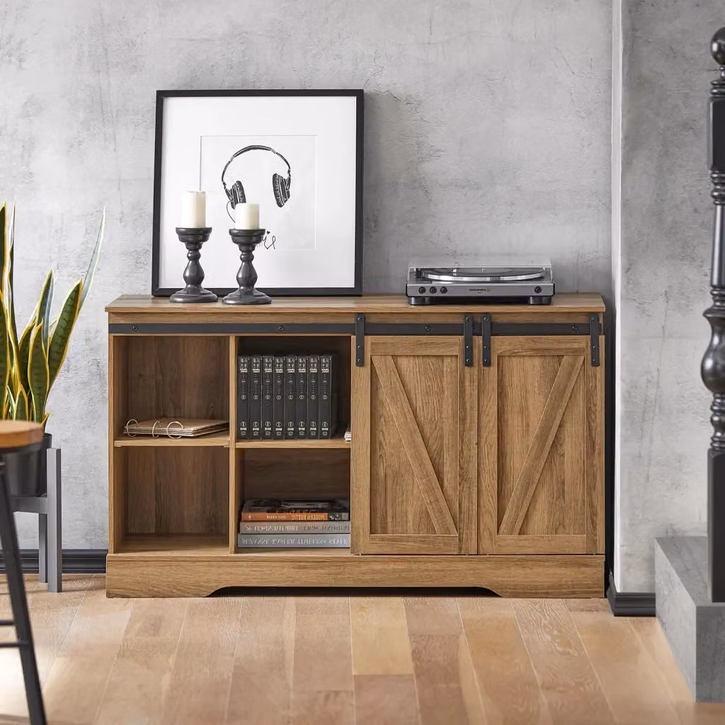 Credenza SoBuy con ante scorrevoli e ripiani interni, Mobile da ingresso e scarpiera in stile industrial, Colore Noce, L 120 x P 40 x H 70 cm – 2
