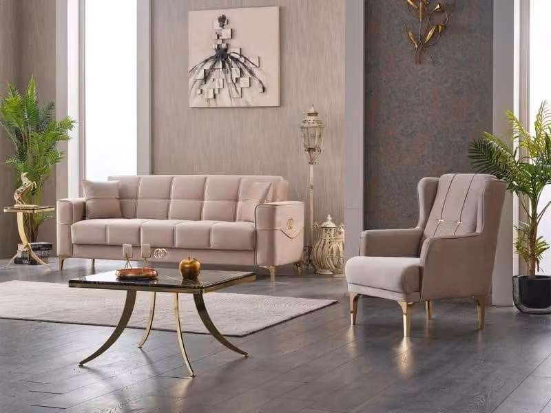 Sofagarnitur Dreisitzer Sessel Polstersofa Beige Stoffsofa Couch Sofa