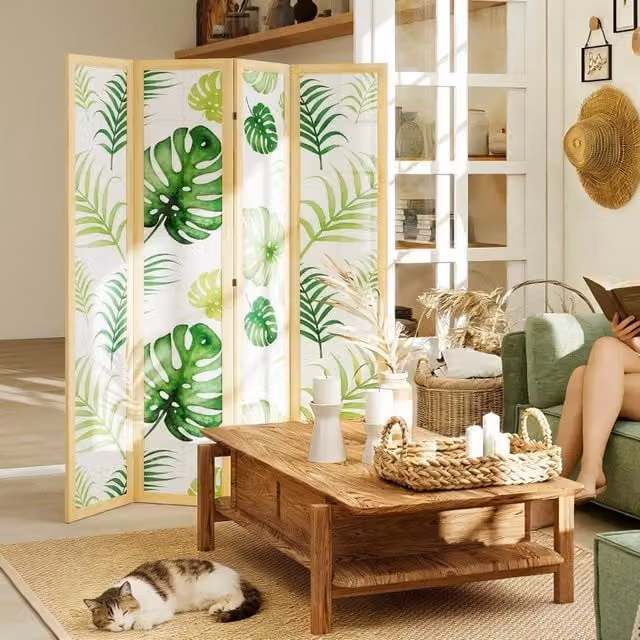 Divisorio pieghevole Minimal a 4 pannelli con design Boho e motivo tropicale in legno di pino, colore verde e multicolore, H: 170 cm – 1