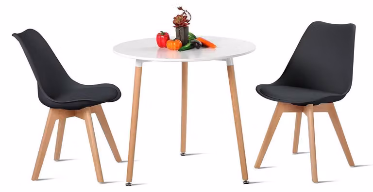 Set da pranzo composto da un tavolo rotondo e due sedie, in stile scandinavo, realizzato in legno e plastica, colore bianco e nero