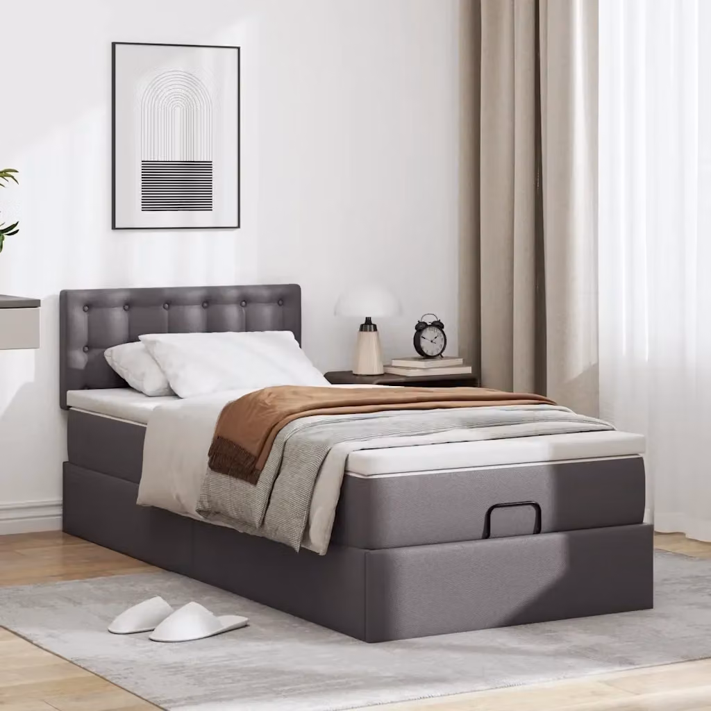Letto con contenitore a sollevamento e pouf vidaXL in similpelle grigio e bianco, dotato di illuminazione sottostante e porte di ricarica USB, L/P/H: 200 x 90 x 88 cm – 2