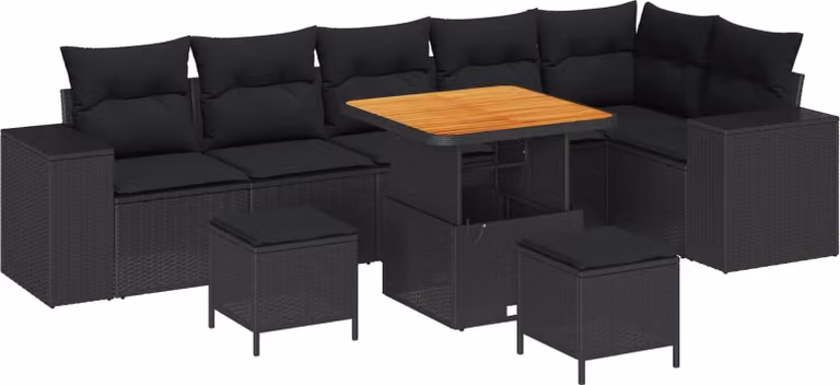 Set Divano da Giardino con cuscino 9 pcs Nero polyrattan