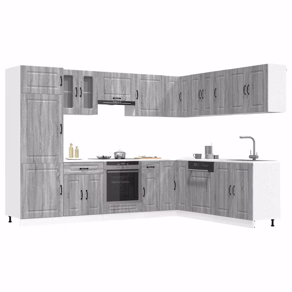 Set di mobili da cucina moderno vidaXL Kalmar composto da 14 pezzi in colore grigio Sonoma con ante a battente e ripiani interni