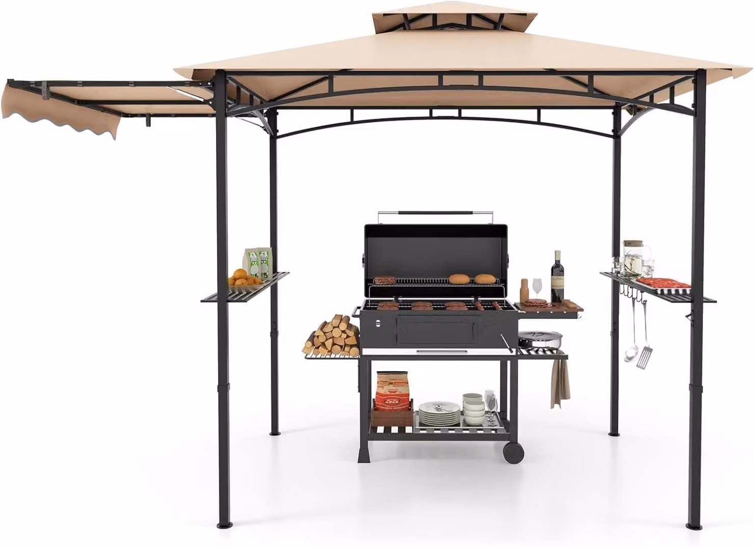 KOMFOTTEU: Gazebo da giardino con griglia, dimensioni 318 x 153 cm, dotato di tenda laterale, struttura per feste all'aperto con tetto a due piani, tavoli da portata, ganci per appendere, apribottiglie e copertura in tessuto morbido per la griglia, ideale