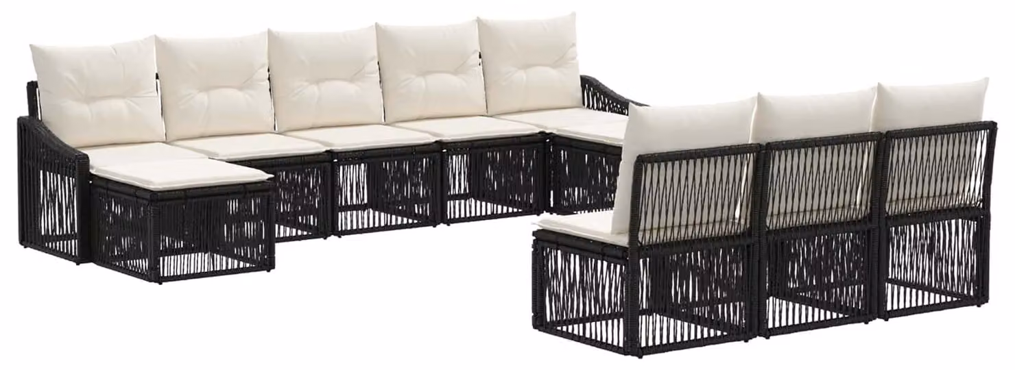 Set da giardino composto da 10 pezzi, colore nero, realizzato in rattan sintetico