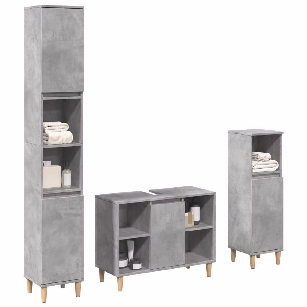Set di mobili da bagno vidaXL in legno multistrato grigio cemento composto da 3 pezzi con mobile lavabo, colonna alta e mobile laterale