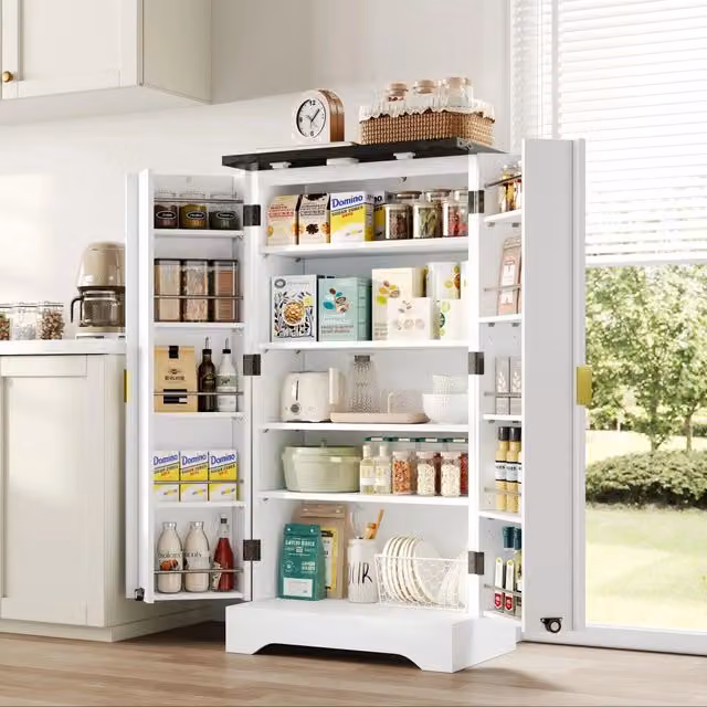 Mobile colonna da cucina a doppia anta con luce LED sensore e ripiani regolabili in MDF bianco 120 × 60;5 × 40 cm