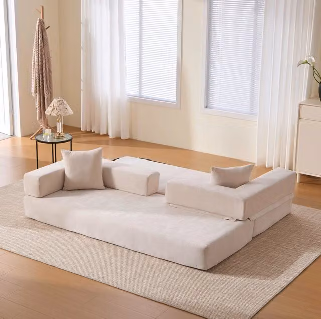 Divano modulare in chenille beige 198x79x60 cm; con tasche laterali e base antiscivolo