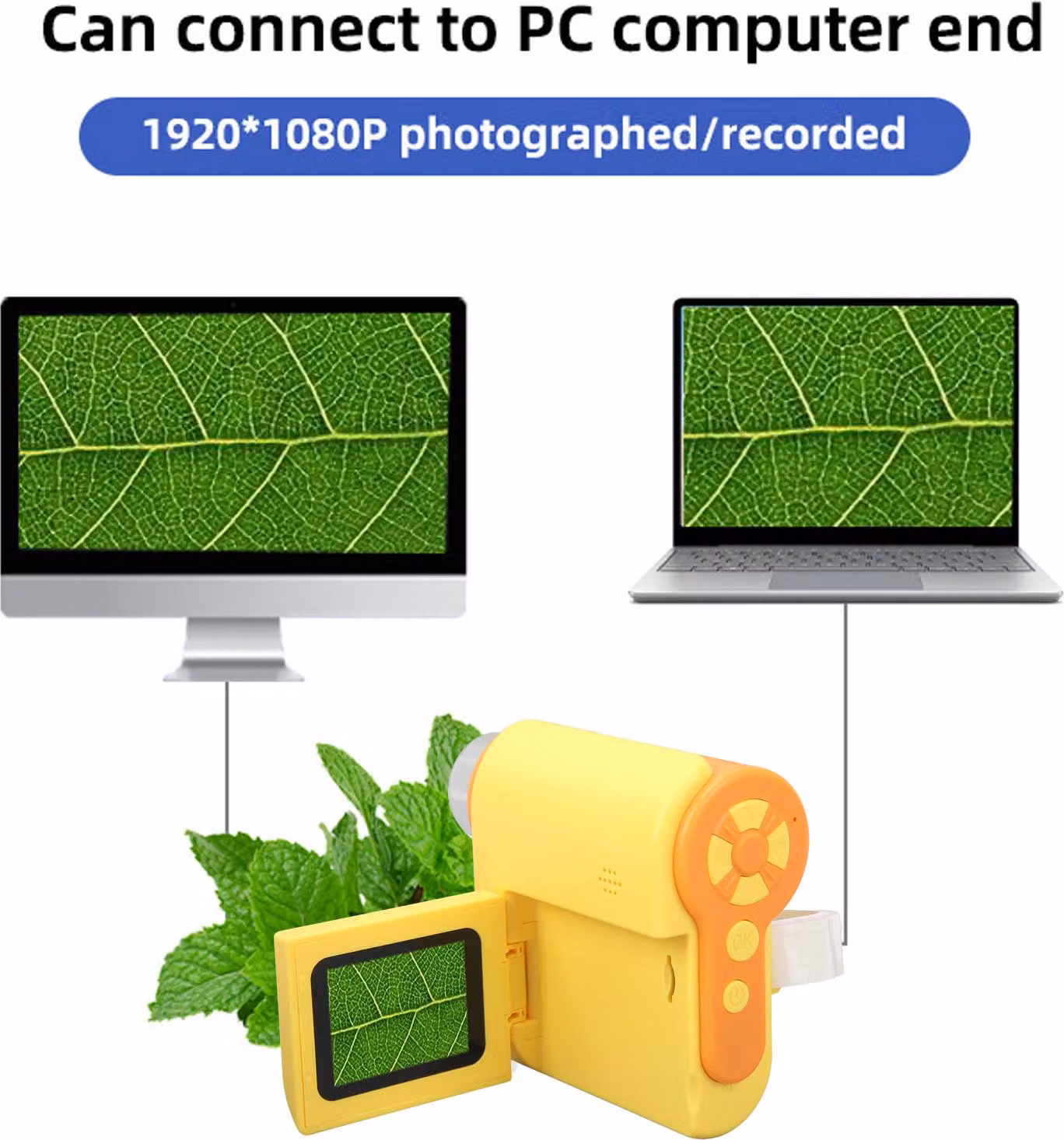 Microcamera per bambini, schermo da 5,1 cm, ingrandimento 1000x, LED regolabile, 1080P, foto/video portatile, digitale, per studenti, giallo