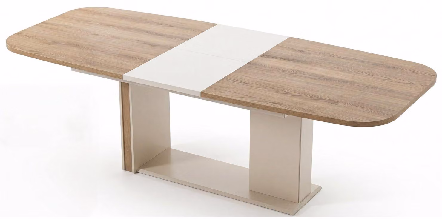 Tavolo da pranzo moderno, bianco, con piano sagomato. Ideale per la sala da pranzo