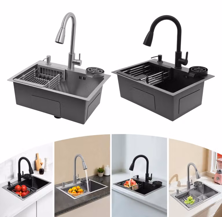 Lavello da cucina con cassetto per la raccolta degli scarti, colore nero - Miscelatore estraibile - 55x40 cm - Acciaio inossidabile 201
