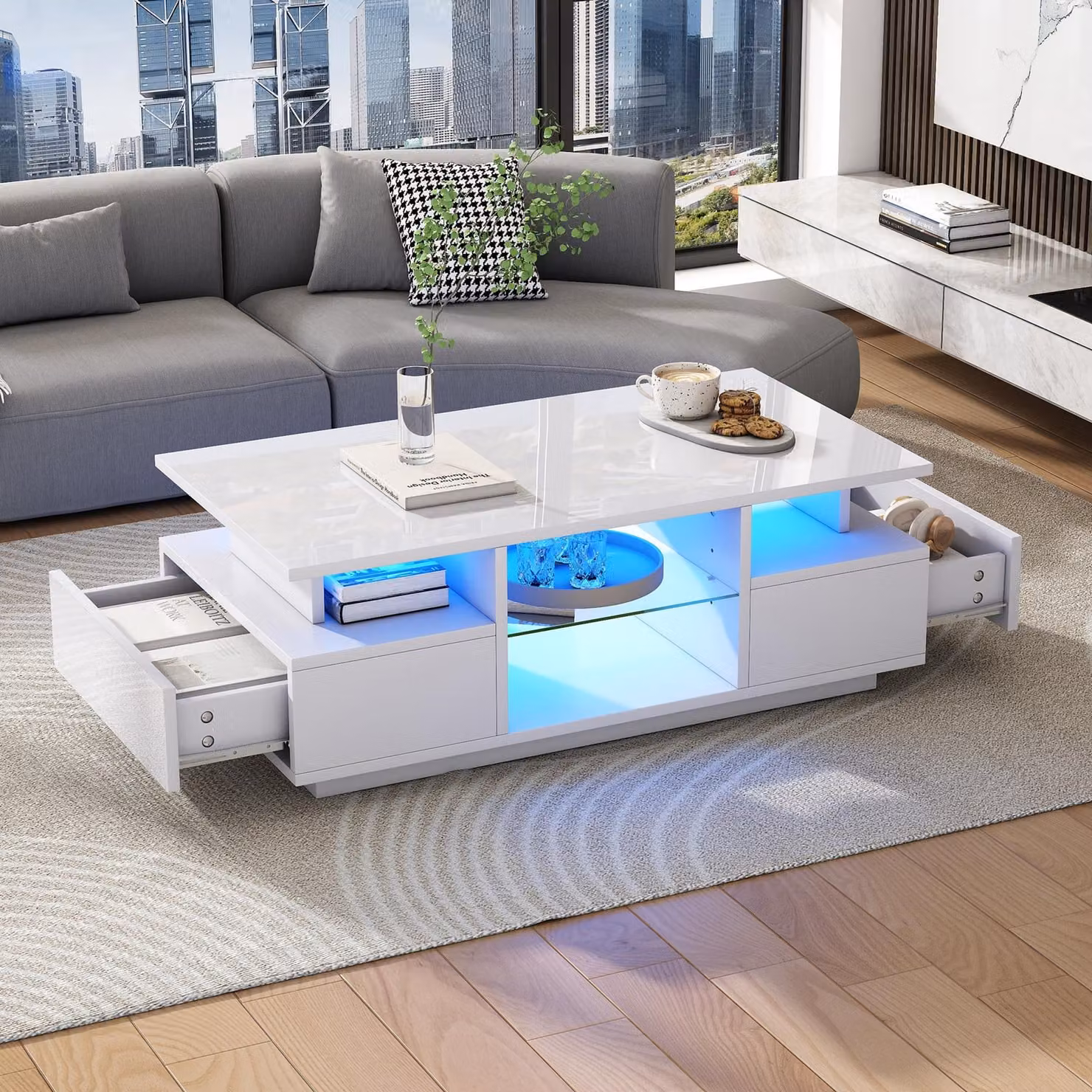 MODFU Tavolo da soggiorno, tavolino da conferenza, tavolo alto con finitura lucida, mobile contenitore con due cassetti, ripiani in vetro, illuminazione ambientale a LED, ideale per il soggiorno, colore bianco, dimensioni 100 x 50 x 36 cm