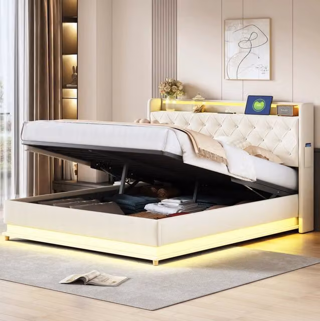 Letto imbottito 160x200 cm LED con USB e contenitore; tessuto e metallo beige
