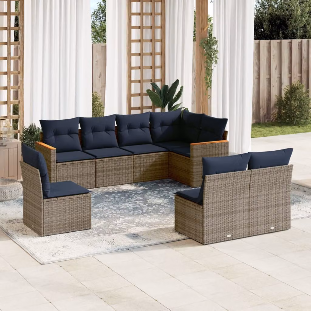 Set di divani da giardino vidaXL in polyrattan e metallo, 8 pezzi, colore grigio e blu, con cuscini rimovibili e struttura a forma di L