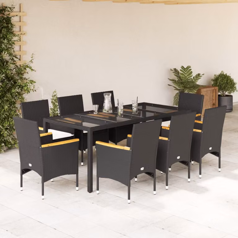 vidaXL Set da Pranzo da Giardino 9 pz in Polyrattan e Legno di Acacia con Piano in Vetro, Bianco e Nero