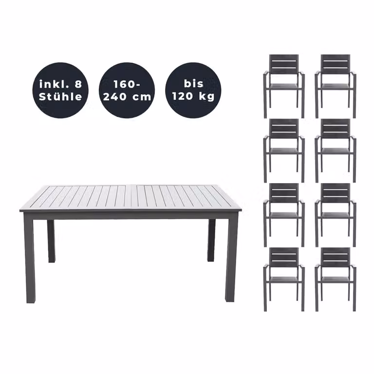 Home Deluxe - Tavolo da giardino allungabile - CASA - ca. 160 (240) x 100 x 74 cm - incl. 8 sedie, struttura in alluminio e piano del tavolo - incl. accessori I Set da giardino tavolo allungabile per balcone
